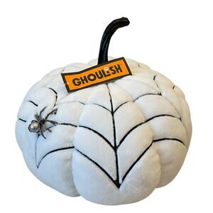 Ghoulish White Plush Jeweled Spider Web Weighted Pumpkin Pillow Halloween Glam